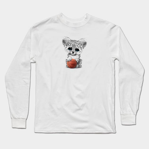 Snow Leopard Cub Playing With Basketball Long Sleeve T-Shirt by jeffbartels